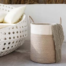 Wasmand Katoen - Opbergmand 40 ltr - Gevlochten mand - Wasmand opvouwbaar - Met handvaten - 100% Handgeweven Biologisch Katoen - Dekenmand - Speelgoedmand - Stevig - Linnen-look - Wit/Beige — thumbnail 4