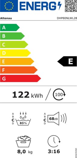 Altenau Dhp80nlwl28 Warmtepompdroger – 8 Kg – 16 Programma’s – Stil & Energiezuinig — thumbnail 2