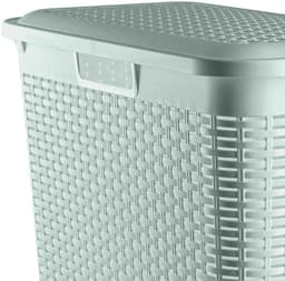 Plasticforte Smalle Wasmand met deksel Rotan - 2x - groen - gevlochten kunststof - 48 liter - 27 x 46 x 60 cm — thumbnail 3