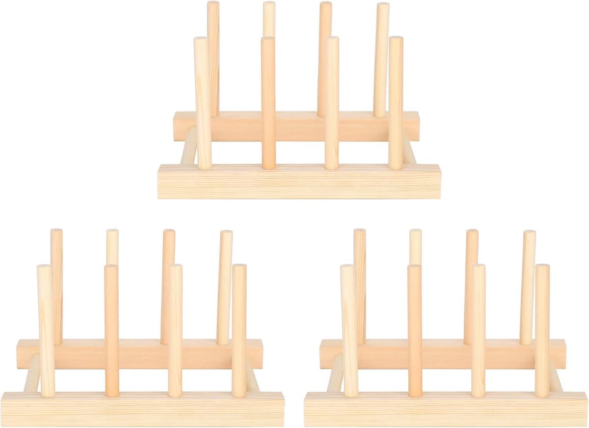 3Set Houten Bordenrek Stand, Keukengerei Kom Schotel Afdruiprek Houten Plank Woondecoratie voor Aanrecht — afbeelding 1