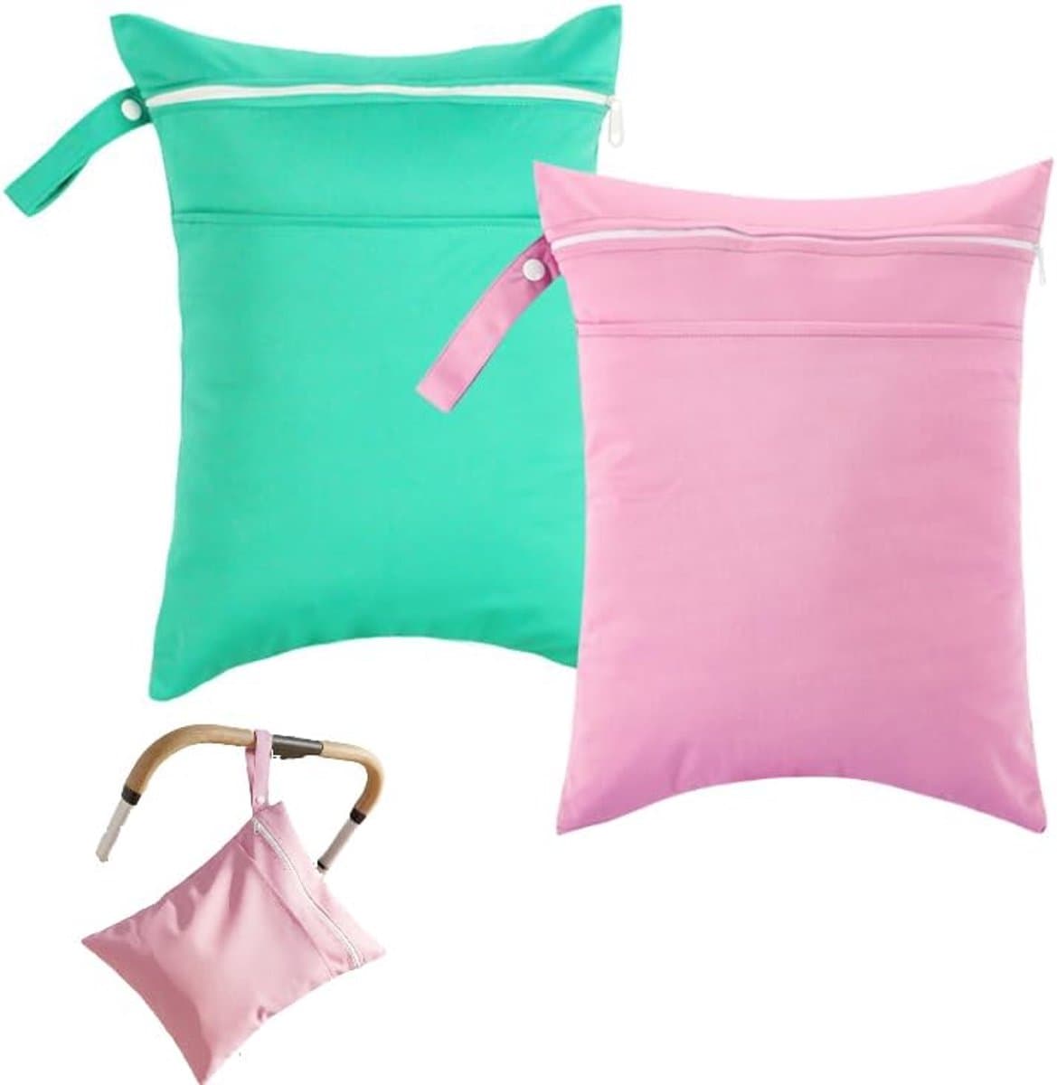 2 stuks natte zakken, 40 x 30 cm, waterdichte waszak in groen en roze, reistas met twee ritssluitingen, kleine tas voor natte spullen, ideaal voor badmode, strandhanddoeken en luiers — afbeelding 1