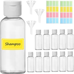 12 stuks 50 ml reisflessen set van kunststof, transparant, met 3 trechters en 2 etiketten voor shampoo, douchegel, lotion, make-up remover — thumbnail 1