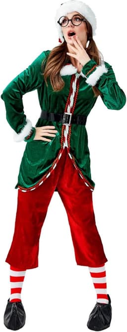 Elf Kostuum dames Kerstman kostuum Fluwelen elfenoutfit voor volwassenen voor Xmas Cosplay Pak Groen Rood Party Kostuum,Groen,XL — thumbnail 5