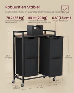 Klarven® Wasmand Inktzwart - Verrijdbare Wasmand - Wasmanden - Laundry Cart - 2 Vakken, Verwijderbare Waszakken - Met Plank en Wielen - 63x32x93cm — thumbnail 5