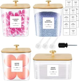 Set van 4 waspods container en droger bladhouder - doorzichtige plastic wasruimte organisatie opslagcontainers met deksels, schepjes en etiketten voor wasmiddelpods, poeder, waskralen, geurboosters — thumbnail 1