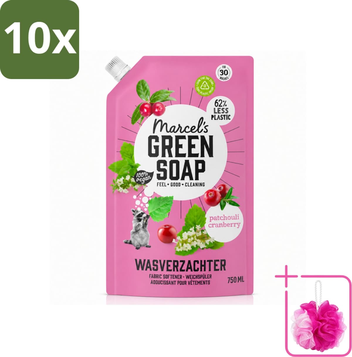 10 x Marcel’s Green Soap – Wasverzachter – Patchouli & Cranberry - Navulling – 750 ml - Bulkverpakking - Wasverzachter - Douchemop - Navulling — afbeelding 1