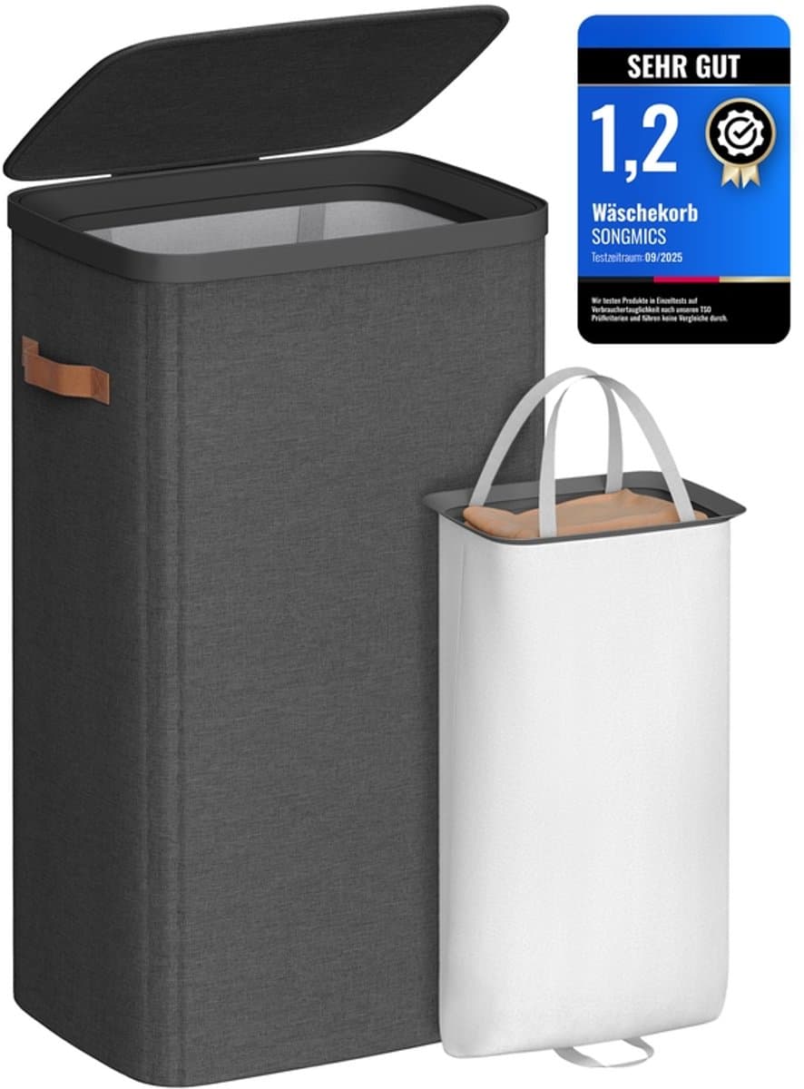 Wasmand, 100 L Wasmand, Eenvoudige montage, met deksel en handgrepen, Verwijderbare waszak, 42 x 32 x 75 cm, Inktzwart — afbeelding 1
