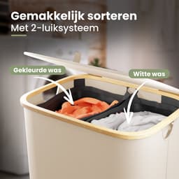 Nince Wasmand - 2 Vakken - 141L - Met Deksel - Wassorteerder - Uitneembare Waszakken - Bamboe - Opvouwbaar - Beige — thumbnail 4