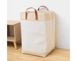 Webzon – Wasmand – Wasmanden – Wasmand inklapbaar – Opvouwbare Wasmand – 30×35×55 cm – Engels design – Jute stof met leren handvatten – Opbergmand – Opvouwbaar en ruimtebesparend – Creme-beige — afbeelding 1