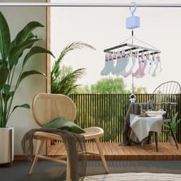 Hebbare sokken-droger, wasrek, hangend sokkendroger met 30 clips, zwart metalen kleerhanger, in hoogte verstelbaar, winddicht droogrek voor ondergoed, babykleding, sokken — thumbnail 5
