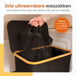 Goliving Wassorteerder 3 Vakken - 150L - Opvouwbare Wasmand Met Deksel - 3 Uitneembare Zakken Met Kleurlabels - 57 x 37 x 66 cm - Zwart — thumbnail 2