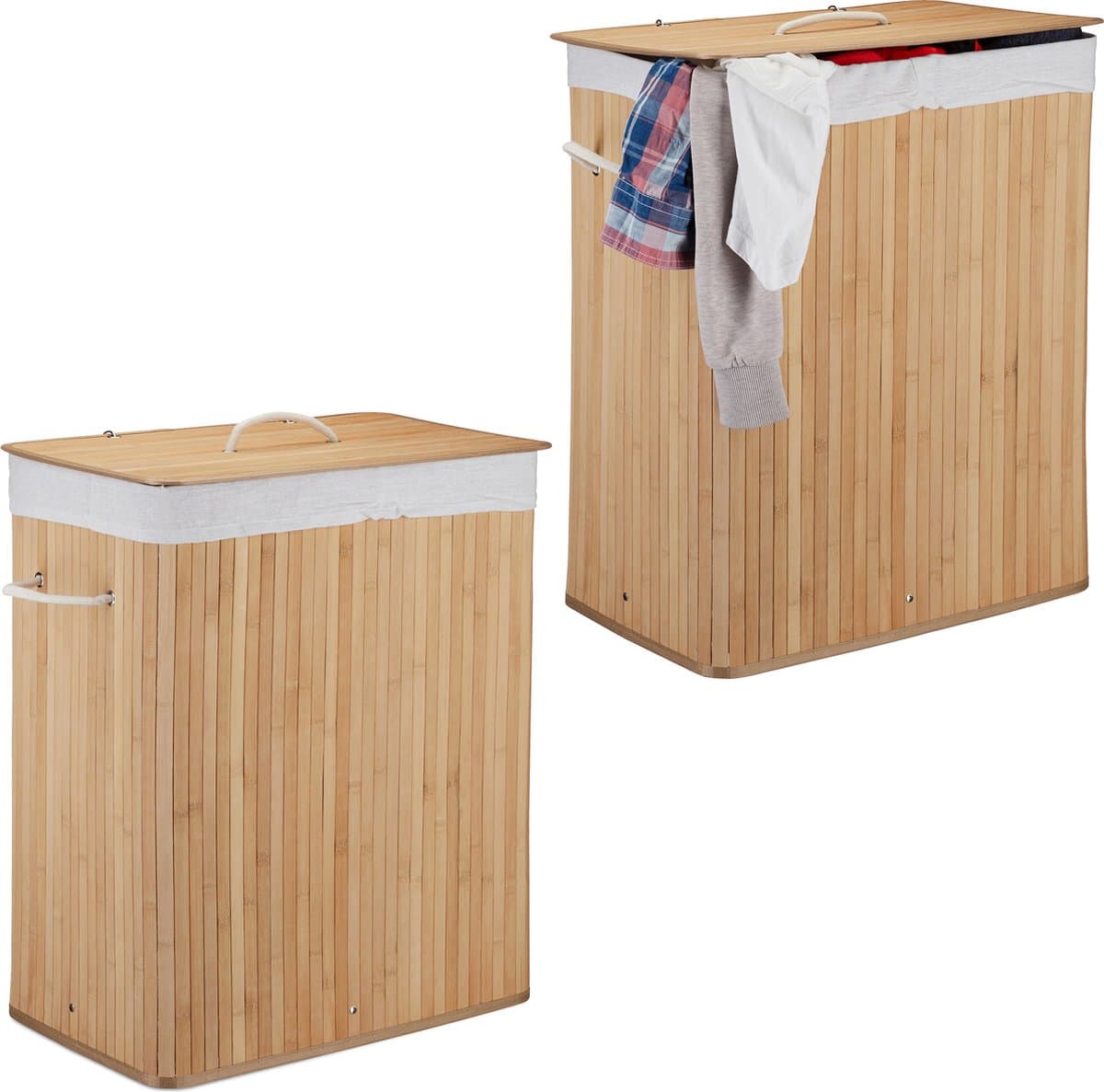 2x wasmand bamboe - 2 vakken - wassorteerder - 95 liter - opvouwbaar - deksel — afbeelding 1