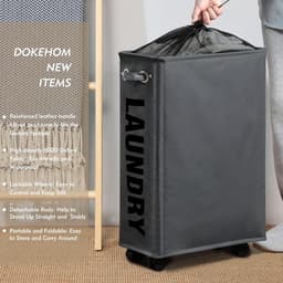 SnelShoppen - 25-Inch Smalle Wasmand op Wielen - Vouwbare Rolwasmand voor Kleding - Donkergrijs - 52L Capaciteit - Ideaal voor Kleine Ruimtes — thumbnail 3