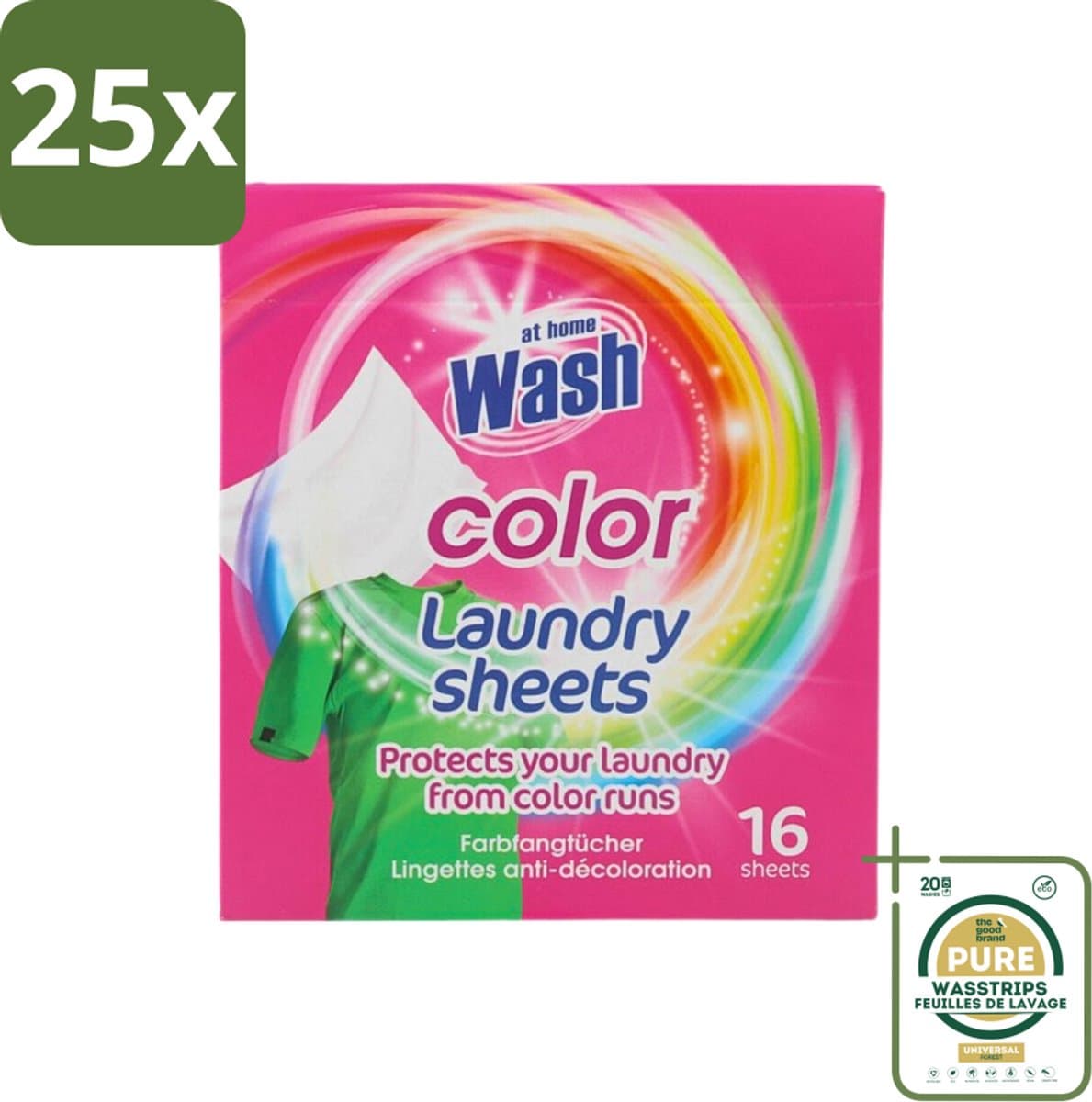 25 x At Home - Wash - Wasdoekjes - Gekleurde Was - Tegen Verkleuring - 12 Doekjes - Grootverpakking - Wasdoekjes - Kleurverschil - Was - Kleurstof - Wasmachine — afbeelding 1