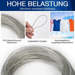 Dailygoods- Waslijn Extra Sterk - Waslijn met Stalen Kern - Roest- en Corrosiebestendig - Geschikt voor Buitengebruik - Capaciteit 120 kg - 4 mm Dikte - Wasdraad — thumbnail 5