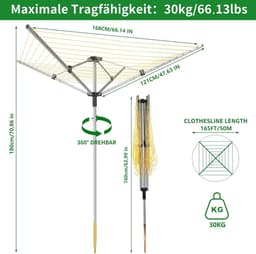 Droogmolen Buiten - Waslijnmolen Wasrek - Buiten Kleding Drogen - 50 Meter Waslijn - 180 cm Hoog - Zilver Grijs — thumbnail 5