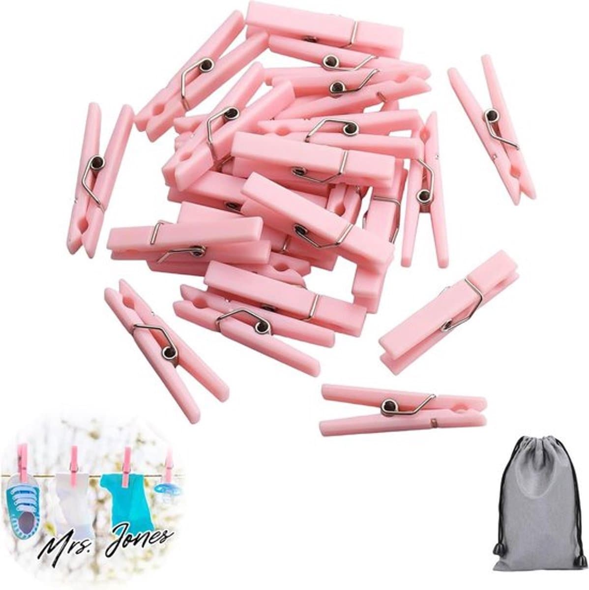 Mevrouw Jones 50 stuks babyborstel wasknijpers, spelletjes voor meisjes, kunststof wasknijpers met waterdichte tas, mini wasknijpers, grote verpakking, doe-het-zelf knutselwerk — afbeelding 1