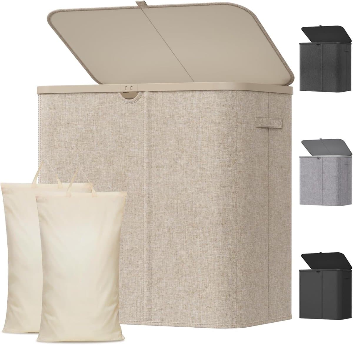 Wasmand met Deksel, Laundry Basket met Verwijderbare Zakken, Grote Opvouwbaar Wasmanden 2 Vakken voor Waskamer, Slaapkamer, Badkamer, Slaapzaal, 145L, Beige — afbeelding 1