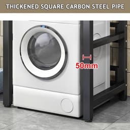 Wasmachine standaard – Wasdroger rek – Verhoger – Opbouwmeubel – Opbergrek – Verstelbaar in hoogte – Zwart smeedijzer met plank — thumbnail 3