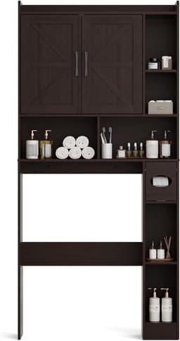 Wasmachinekast met deuren - Opbergkast badkamer - Ruimte organiseren - Verstelbare planken - 70x90 cm ruimte - Donkerbruin — thumbnail 1