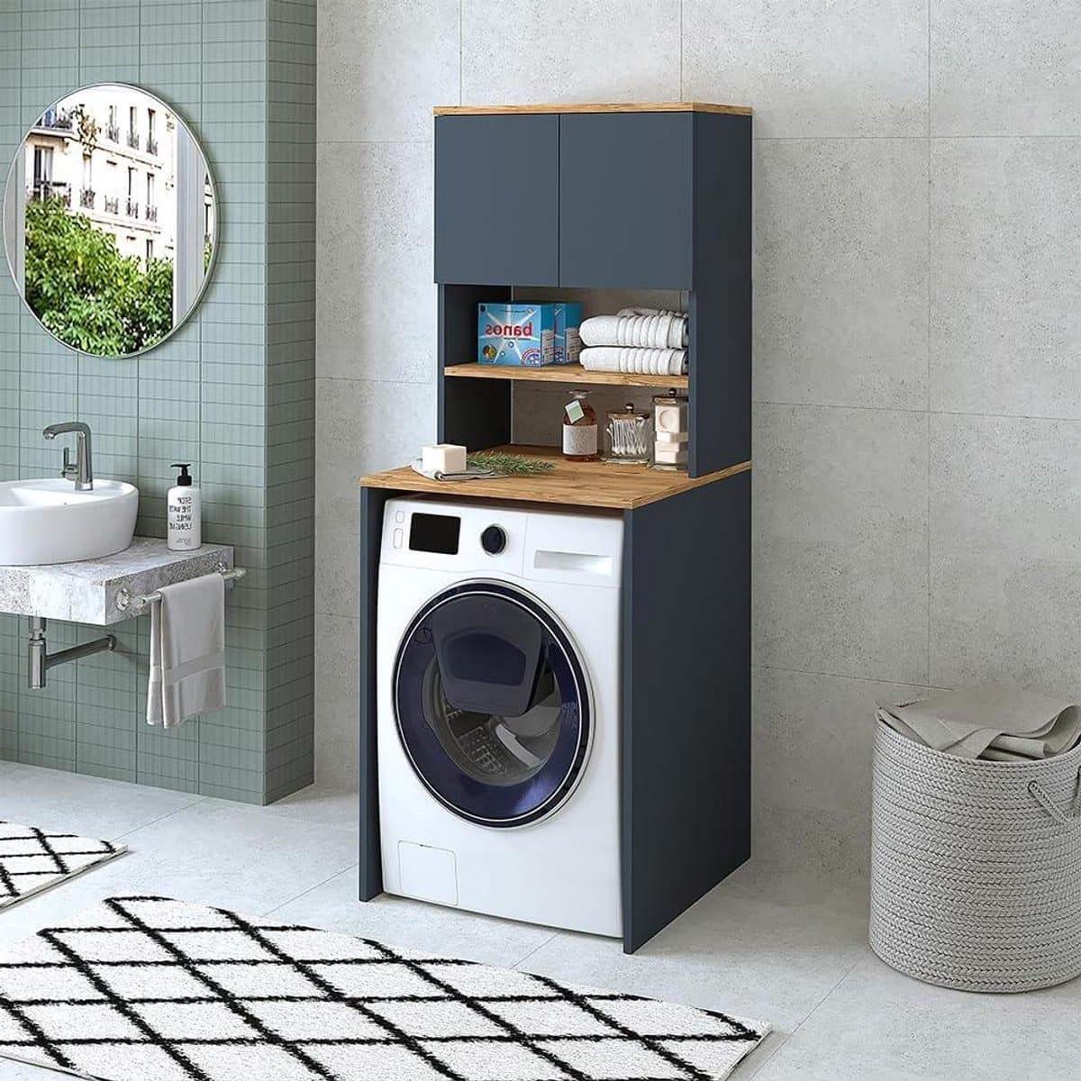 Wasmachinekast - Wastoren Omkasting - Badkamer Organiseren - Onderhoudsvriendelijk Oppervlak - 65 x 181 x 60 cm - Antraciet Eiken — afbeelding 1