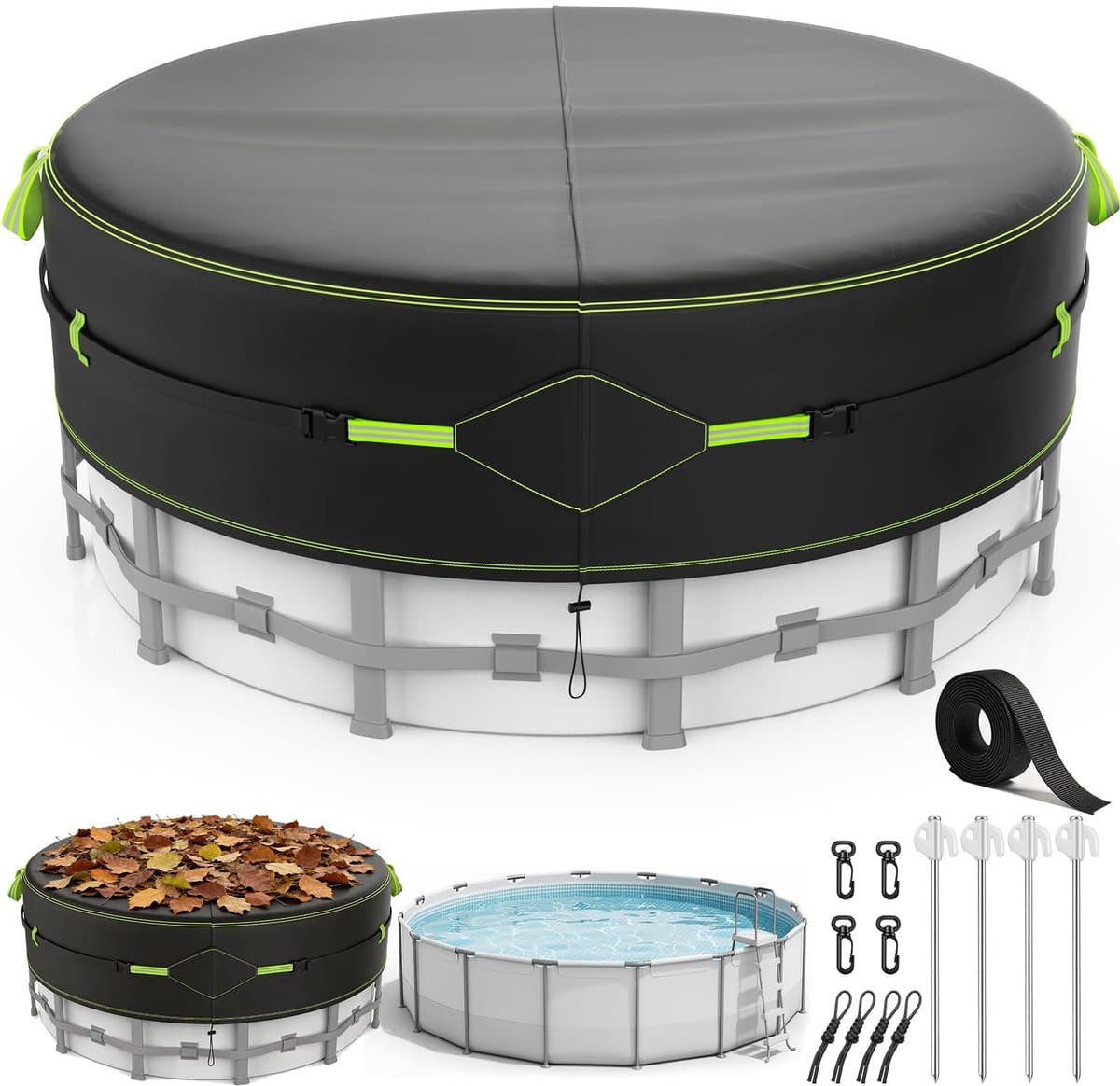 Zwembadafdekking Ø 304,Passende Zwembadhoes voor Zwembaden van Ø260-300 cm,met Reflectiestrip & Grondankers, Zwembadafdekking met UV-bescherming,Voor Bovengrondse Zwembaden en Trampolines — afbeelding 1