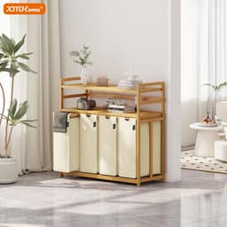 198 liter wasverzamelaar, 4 vakken, wasmand met dubbele plank | bamboe wasbox met uitneembare waszakken, ruimtebesparend voor badkamer, slaapkamer, waskeuken, beige — thumbnail 3