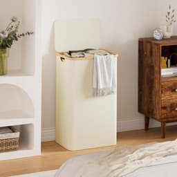 Wasmand met deksel, 85 liter, smal, met waszak, groot, opvouwbaar, hout, bamboe, wasmand, hoog, beige — thumbnail 4