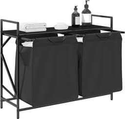 Wasmand – Laundry Basket – Wasbox – Wasopberger – Waszakken – Met Twee Compartimenten – Bovenste Opbergrek – Zwart Stalen Frame – Eiken Houtlook — thumbnail 5