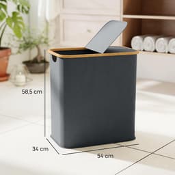 80L opvouwbare dubbele wasmand met deksel, gegroefde handgrepen, wasmand voor badkamer, slaapkamer, wasruimte, grijs — thumbnail 2