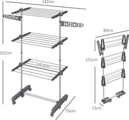 Wasdroogrek. 4 lagen - opvouwbaar - kliksysteem - 142 cm x 55 cm x 152 cm - blauw + zilver — thumbnail 4