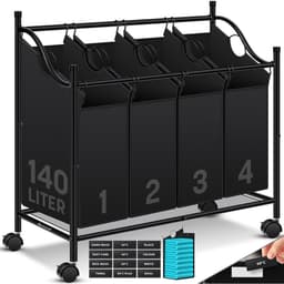 ApexArte® Wassorteerder 4 Vakken - Wasmand - 140 L - Zwart — thumbnail 1