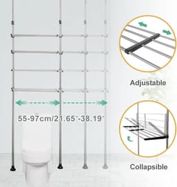 Uitbreidbare Wasplank Over Toilet Opbergrek - Plafond Badkamer Organizer - Ruimtebesparende Spanpaal - Zwart - Kleine Ruimtes Wasmachine rek — thumbnail 5
