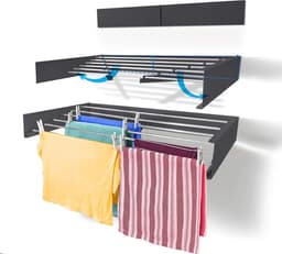 Intrekbaar wandmontage wasdroogrek voor binnen of buiten - inklapbaar opvouwbaar - ruimtebesparend compact design - 25 kg 6 m lijn capaciteit (industrieel grijs) — thumbnail 1