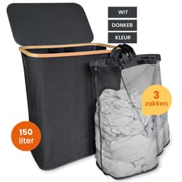 Goliving Wassorteerder 3 Vakken - 150L - Opvouwbare Wasmand Met Deksel - 3 Uitneembare Zakken Met Kleurlabels - 57 x 37 x 66 cm - Zwart — thumbnail 1