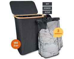 Goliving Wassorteerder 3 Vakken - 150L - Opvouwbare Wasmand Met Deksel - 3 Uitneembare Zakken Met Kleurlabels - 57 x 37 x 66 cm - Zwart — afbeelding 1