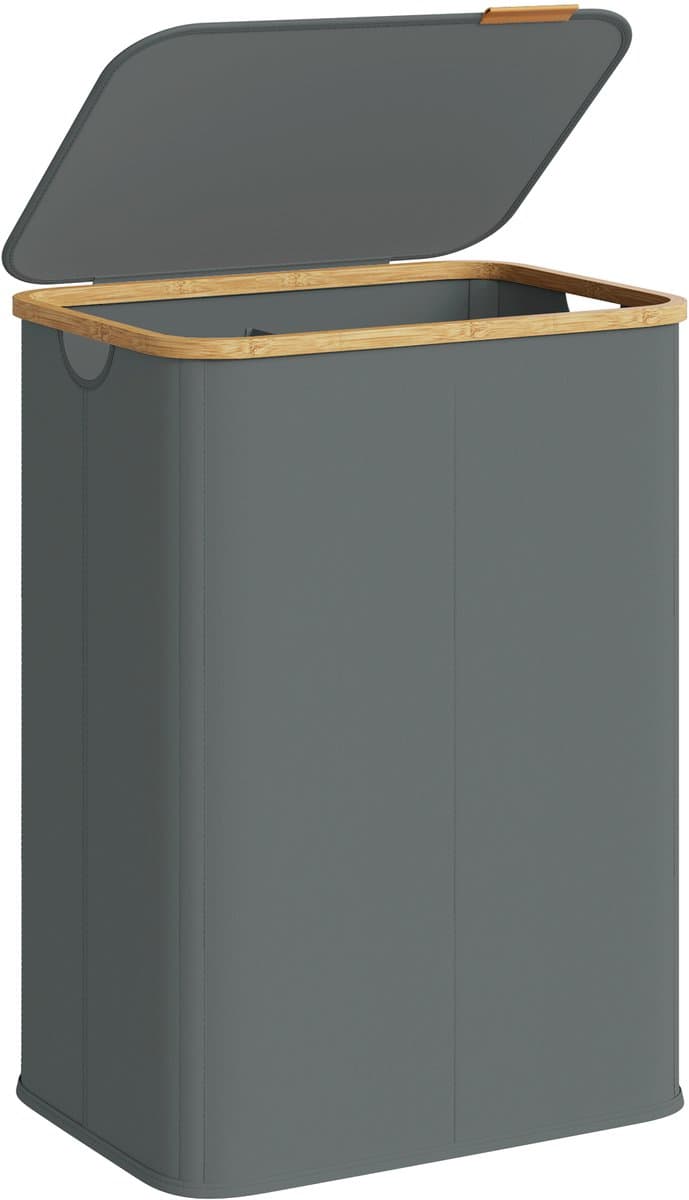SONGMICS - Wasmand - Wasmand met Deksel - 2 Compartimenten - Opvouwbaar en Bamboe Frame — afbeelding 1