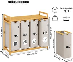 SVN® Wasmand 4 Vakken - Wassorteerder - Wasmand - met Verwijderbare Waszak - Licht Grijs - 107cm x 42cm x 77cm — thumbnail 5