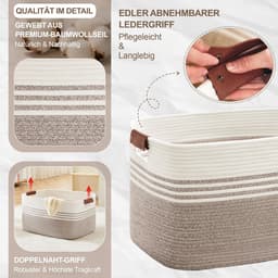 Grote geweven wasmand van katoenen touw, 60 liter opbergmand met leren handvatten, mand voor dekens, kleding, speelgoed, wasmand voor kinderkamer of woonkamer, 53 x 38 x 29 cm, wit en bruin — thumbnail 5
