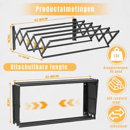 DnA® Wanddroogrek - Wanddroogrek Inklapbaar - Droogrek Muur - Wanddroogmolen - Zwart - 42cm x 18cm x 12cm — thumbnail 2