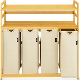 MIRA® Wasmand 4 Vakken - Wassorteerder - Wasmand - Bamboe Frame - Beige- ‎103cm x 41cm x 77cm — thumbnail 4