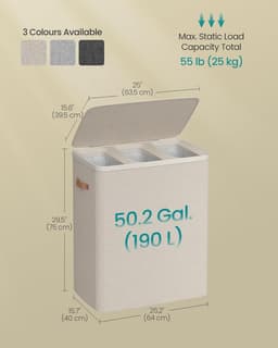 SONGMICS - Wasmand, 190 liter - drie compartimenten - met deksel en handgrepen - uitneembare binnenvoering - eenvoudig te monteren - 64 x 40 x 75 cm - cappuccino beige — thumbnail 3