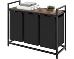 DnA® Wasmand 3 Vakken - Wasmand - Wassorteerder - Wasmand Met Deksel - Zwart - 94cm x 34cm x 72cm