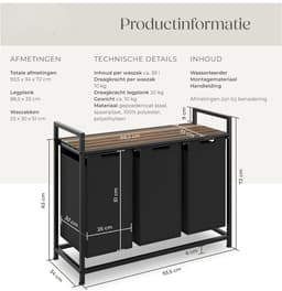 DnA® Wasmand 3 Vakken - Wasmand - Wassorteerder - Wasmand Met Deksel - Zwart - 94cm x 34cm x 72cm — thumbnail 5