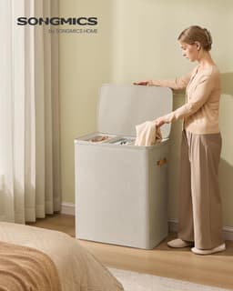 SONGMICS - Wasmand, 190 liter - drie compartimenten - met deksel en handgrepen - uitneembare binnenvoering - eenvoudig te monteren - 64 x 40 x 75 cm - cappuccino beige — thumbnail 4
