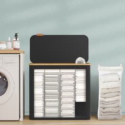 SONGMICS - Wasmand - Wasmand met 4 Vakken - Opvouwbare Wasverzamelaar met Deksel - Bamboe Handgrepen — thumbnail 5