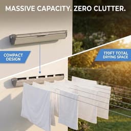 Uittrekbare Waslijn - Droogrek Binnen - Kleding Drogen - Vijf Intrekbare Lijnen - 51 Meter Droogruimte - Zwart Zilver — thumbnail 5