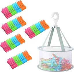 Kleurige en Winddichte Kledingknijpers met Opbergmand, 60 Stuks, Perfect voor Kleding en Sokken, Inclusief Clips en Net — thumbnail 1
