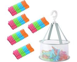 Kleurige en Winddichte Kledingknijpers met Opbergmand, 60 Stuks, Perfect voor Kleding en Sokken, Inclusief Clips en Net