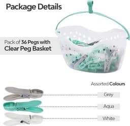 36 Plastic Clothespins with Pen Basket for Clothesline with Hanger Weatherproof Bucket with Drainage Holes | Convenient Laundry Solution | Aqua Blue, Black & Clear Basket — thumbnail 4